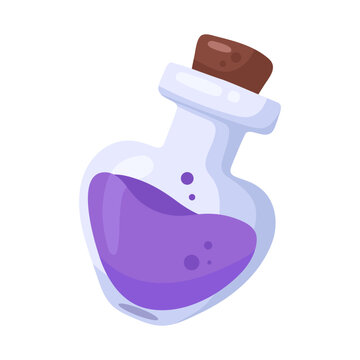 Fantasy magic potion bottle filled with a vibrant purple liquid and cork stopper