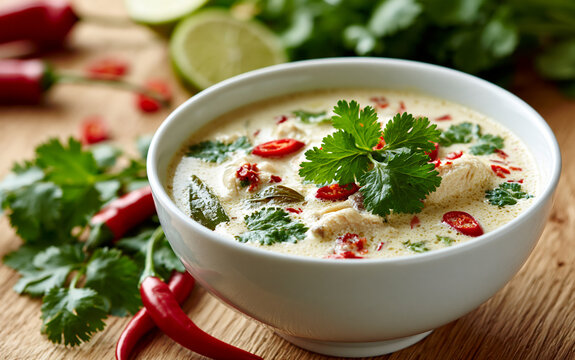 bowl of Thai coconut soup (Tom Kha Gai), garnished with cilantro and chili, coconut milk broth, lime leaves