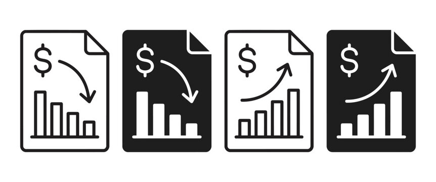 Minimalist financial report vector icons set, business profit growth and loss document symbols, black and white analytics chart graphics