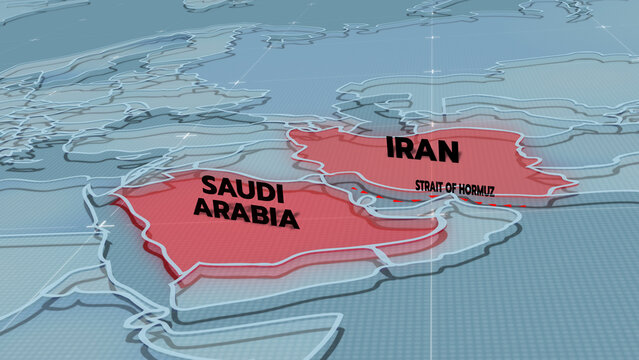 A modern 3D-style political map of the Middle East highlighting countries like Iran, Saudi Arabia, Iran map,