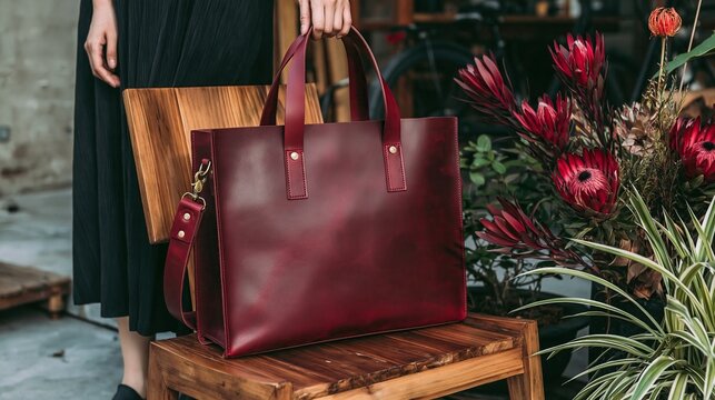 Handcrafted premium full grain deep red leather tote shoulder bag displayed on wooden stool next to vibrant protea flowers luxury handmade leather accessory