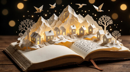 Obraz premium Open book with 3D paper art pop up. Small houses, snowy mountains rise from pages. Origami birds fly above village. Magical light glows in windows. Creative literary concept for storytelling, fantasy