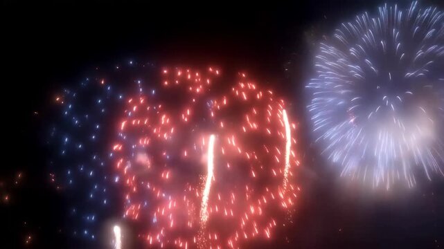 Bright colorful fireworks exploding against dark night sky during celebration event