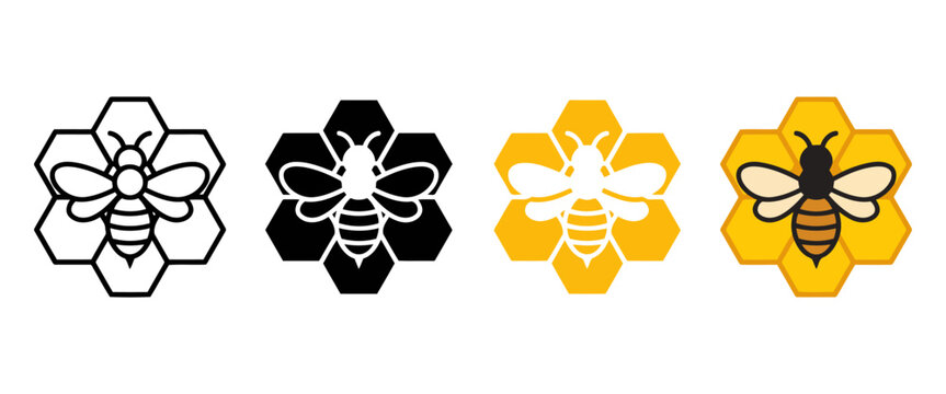 Honey bee icon set with honeycomb background, honeybee vector logos in line and flat color styles, yellow bumblebee symbol set for packaging