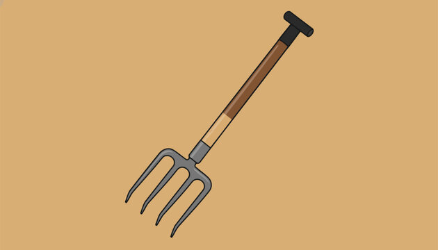 Garden fork featuring four metal tines and a wooden handle designed for turning soil and aerating earth.