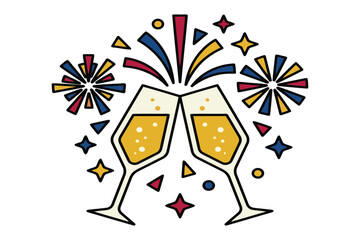 Fototapeta premium Two champagne glasses cheering with colorful fireworks for a party celebration