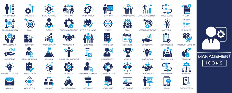Management solid icon set. Containing management, teamwork, partnership, strategy, leadership, business, planning, employee icons collection. Vector illustration.