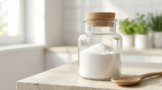 Baking soda powder in a clear glass jar with a cork lid sitting on a wooden table in a bright kitchen. baking soda packaging