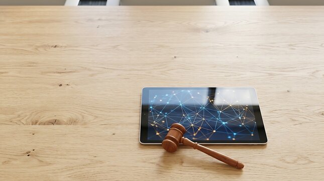 Wooden gavel on a digital tablet with network connection on wooden desk