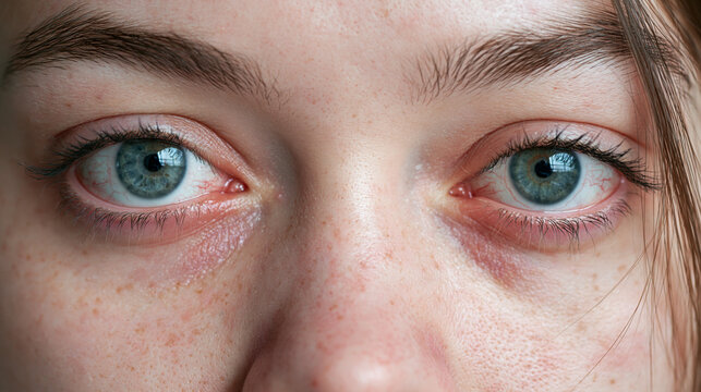 Macro closeup of young woman face with Grave's disease hyperthyroidism symptoms of ophthalmopathy bulging eyes proptosis edema