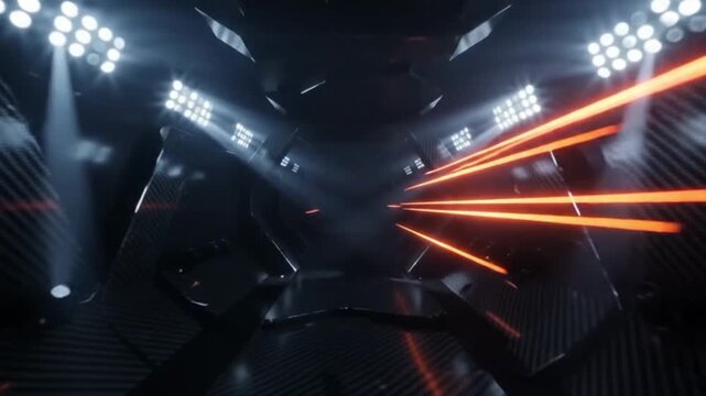 Dynamic Sports Broadcast Background with Red Neon Light Streaks and Stadium Lights