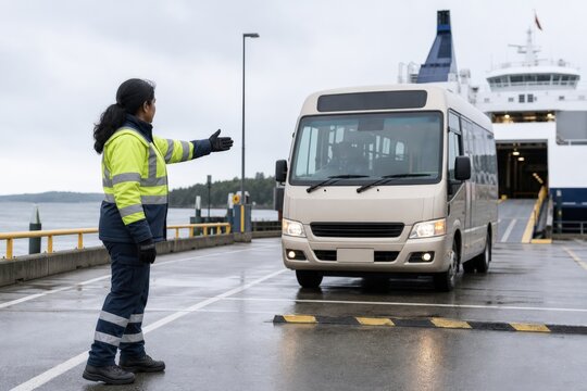Ferry terminal operations - a marshal guiding a bus toward a staging lane