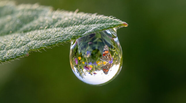 Conceptual digital macro art: a dewdrop hanging from the tip of a green leaf; the droplet refracts a detailed image of a butterfly and wildflowers in a meadow.