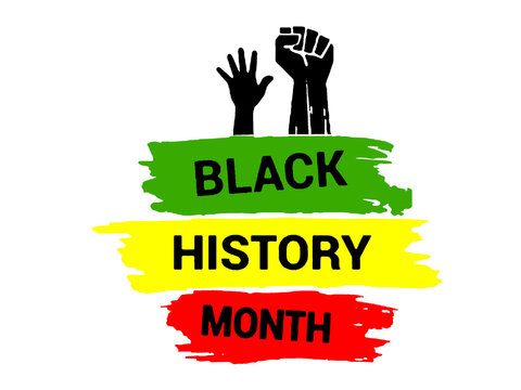Black History Month illustration with raised fist and open hand on Pan-African flag brush stroke background isolated on white