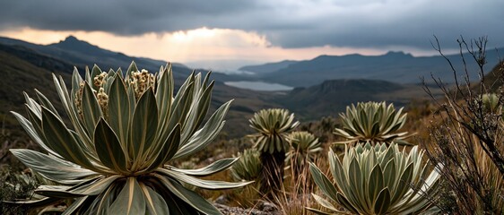 Fototapeta premium Ancient frailejn plants dominate a moody Andean pramo landscape, with a mountain lake and stormlit sky beyond. Perfect for conservation, ecotourism, and South American wilderness campaigns.