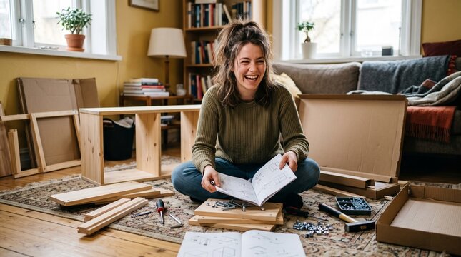 Happy woman assembling flat pack furniture at home with instructions
