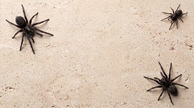 Three dark and hairy tarantulas are carefully arranged on a subtly textured off white background creating a slightly unsettling scene
