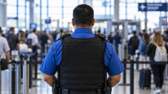 Airport security officer overlooks crowded passenger queue at screening checkpoint