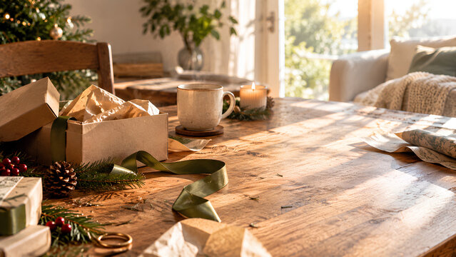Cozy christmas gift wrapping setup on wooden table with coffee mug kraft boxes green ribbon candle and copy space in sunlit room