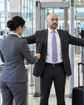 Security officer checks business traveler with handheld scanner at airport checkpoint