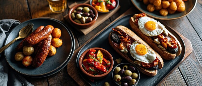 Traditional Spanish almuerzo featuring a crusty baguette sandwich filled with sausage, bacon, and fried egg, served alongside olives, patatas bravas, and tapas.