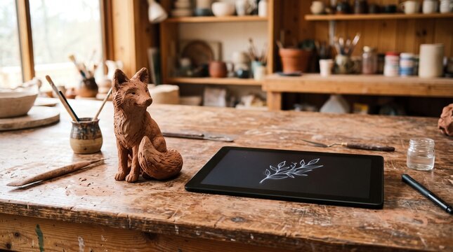 Artist studio with clay fox sculpture and digital tablet on wooden table