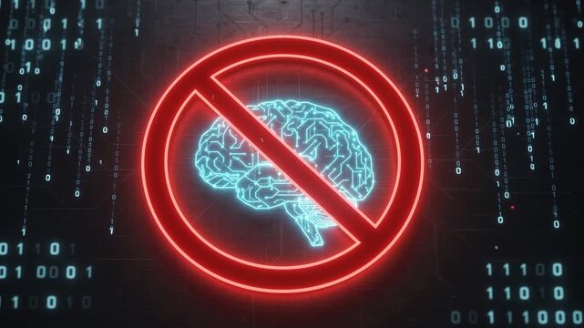 Ban symbol with glowing brain inside red prohibition sign on binary code background