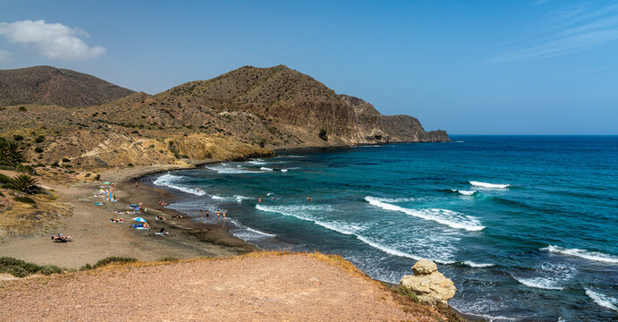Scenic seascape at La Isleta del Moro, Provinca de Almeria, Cabo de Gata natural park, Spain.