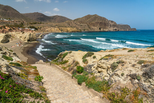 Scenic seascape at La Isleta del Moro, Provinca de Almeria, Cabo de Gata natural park, Spain.