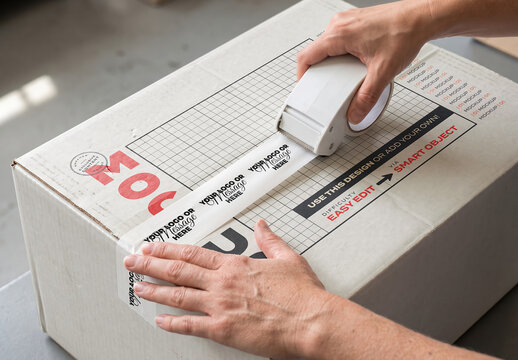 Hands Applying Tape to Box Branding Complete Mockup