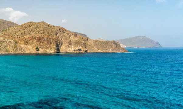 Scenic seascape at La Isleta del Moro, Provinca de Almeria, Cabo de Gata natural park, Spain.