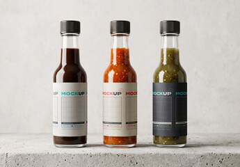 Three Hot Sauce Bottles Label Branding Mockup