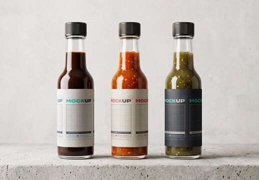 Three Hot Sauce Bottles Label Branding Mockup