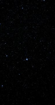 Smoothly Rotating Imitation Starfield for Backgrounds. Blue stars twinkle across dark space background. Pointed starbursts shift gently creating imitation starfield with smooth rotation.