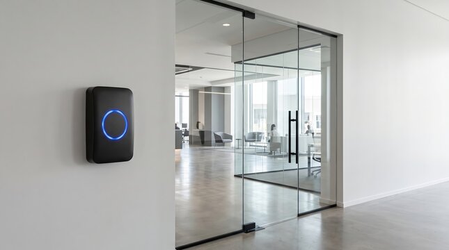 Modern black access control reader with glowing blue light on white wall at entrance of contemporary glass office for smart building security