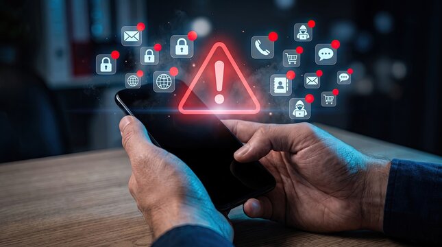 Hands holding a smartphone with a glowing red warning triangle and floating digital notification icons indicating a cybersecurity threat or malware attack.