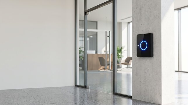Modern access control system with glowing blue reader on concrete pillar next to glass door in contemporary office building lobby for digital security and smart entry
