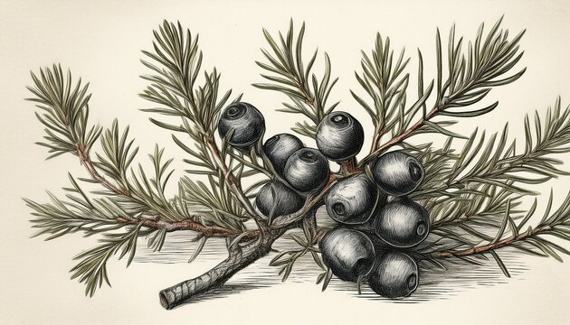 botanical sketch shows juniper berries and needles hand drawn detail captures texture and natural form ideal for herbal health or nature themed projects vintage style evokes rustic organic