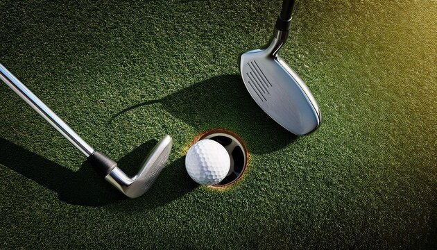 top view of golf ball and putter ready putting to golf hole