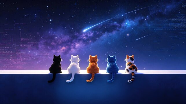 Five cute fluffy different colored cats sitting together back view watching falling meteor shower on starry purple night sky dreamy friendship fantasy concept