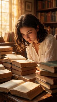 Young woman reads old books in library. Student studies literature at wooden desk. Girl concentrates on paper pages. Scholar researches history. Intellectual woman learns knowledge. Reader enjoys