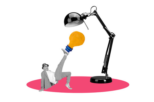 Poster sketch image artwork photo collage of aged man hat sunglass style dance leg hold idea lamp think decision eureka creative challenge