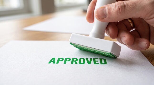 Close-up of a hand stamping green approved mark on a white paper document on a wooden office desk, symbolizing business authorization, loan, or permit validation.