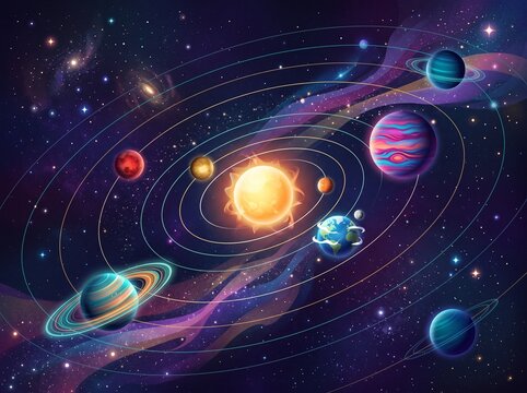 Our solar system depicted in a colorful illustration with planets orbiting the sun