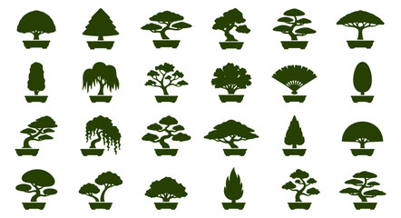 Obraz premium Green bonsai tree silhouette vector icons set featuring diverse miniature potted plant graphic designs