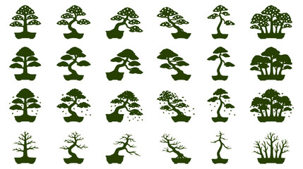 Fototapeta premium Detailed vector graphic illustration showcasing various green bonsai tree silhouettes in different natural stages