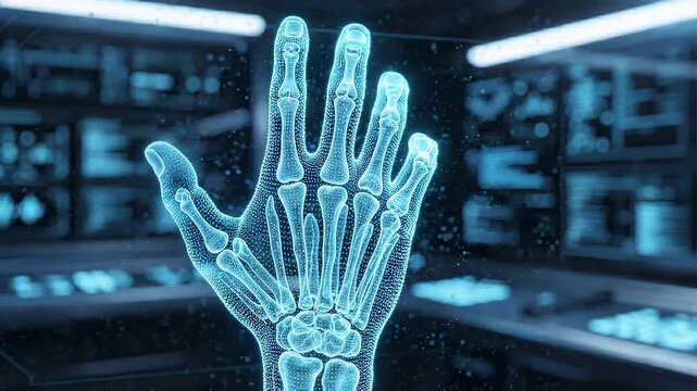 Digital hologram of a human hand skeleton transforming in a high tech laboratory control room with morphing inside futuristic