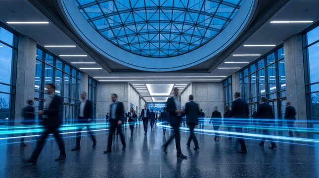 Triple height corporate atrium concourse beneath glazed skylight oculus with blurred business executives walking in rapid motion and cyan light trails, modern long exposure architecture banner