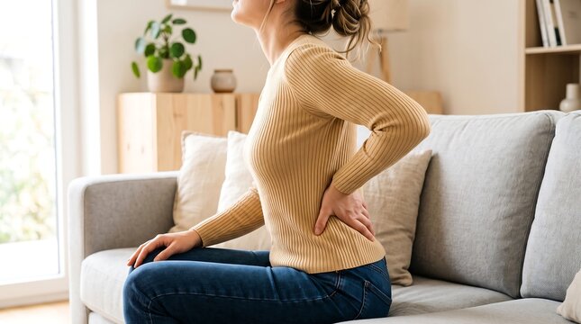 A woman is sitting on a couch and holding her lower back in pain, indicating discomfort and a potential health issue.
