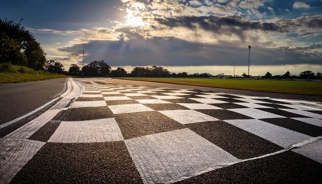 a detailed close up view of the finish line at silverstone circuit capturing the checkered pattern against a dramatic sky and empty track